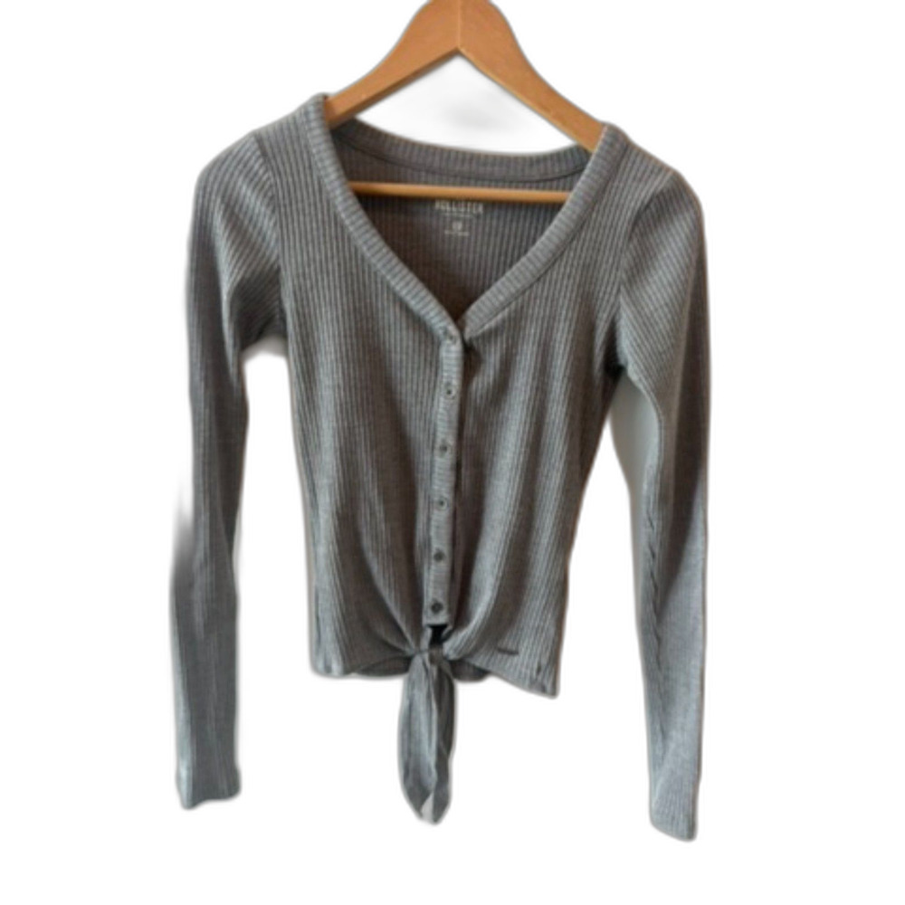 Hollister Heather Gray Ribbed Button-Down Tie-Front Top Size XS